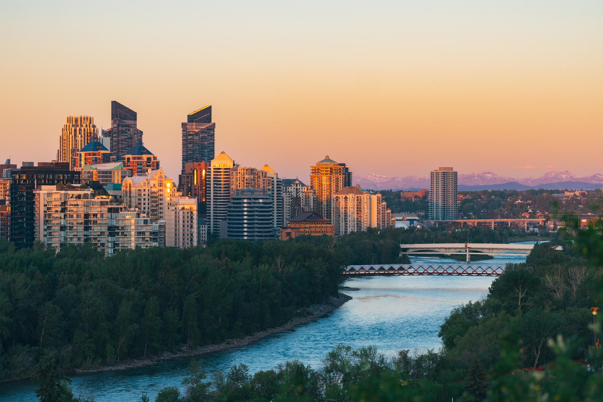 Aerial view of Calgary buildings next to the Bow River